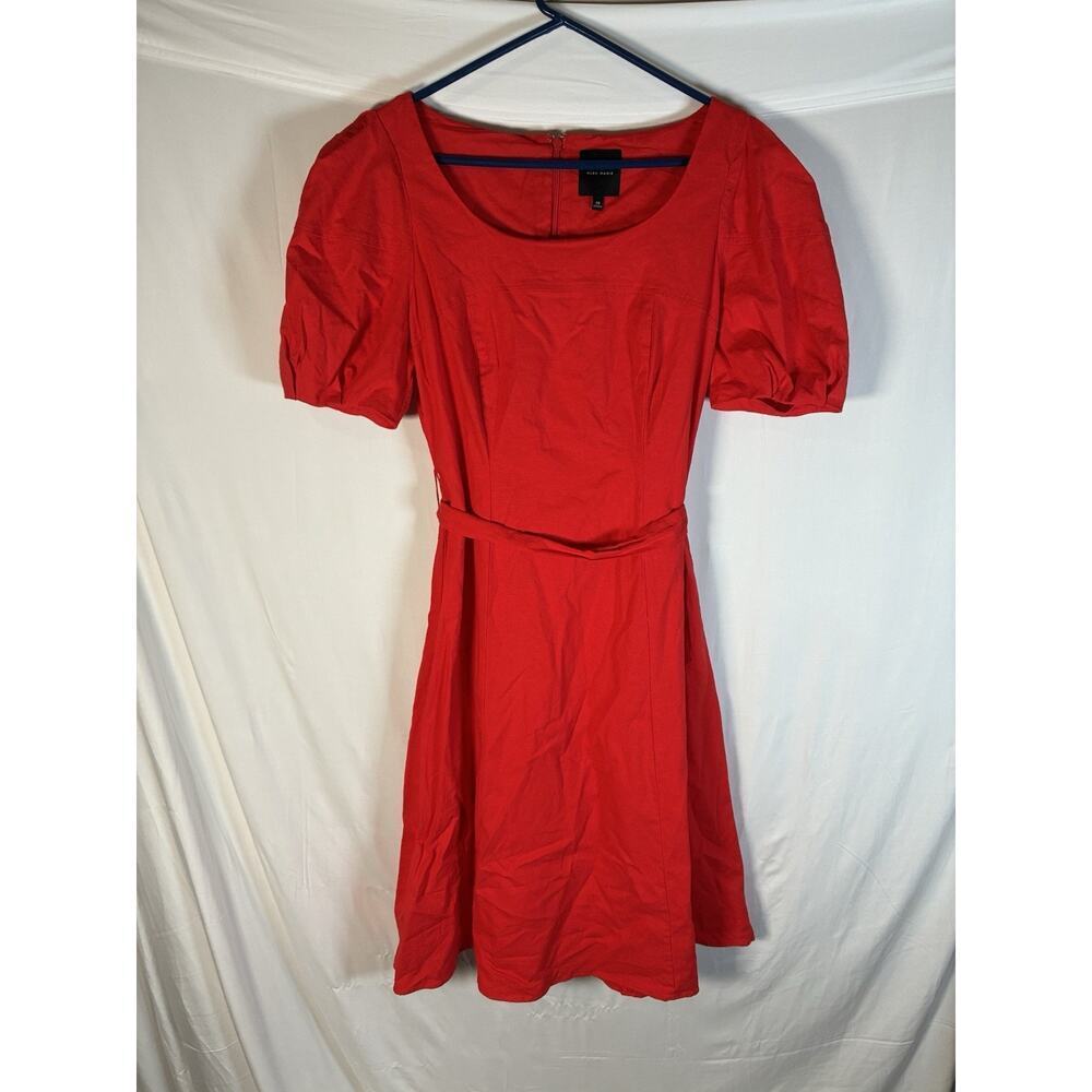 Alex Marie Size 10 Red Linen Blend Puff Sleeve Belted A-Line Midi Dress Summer